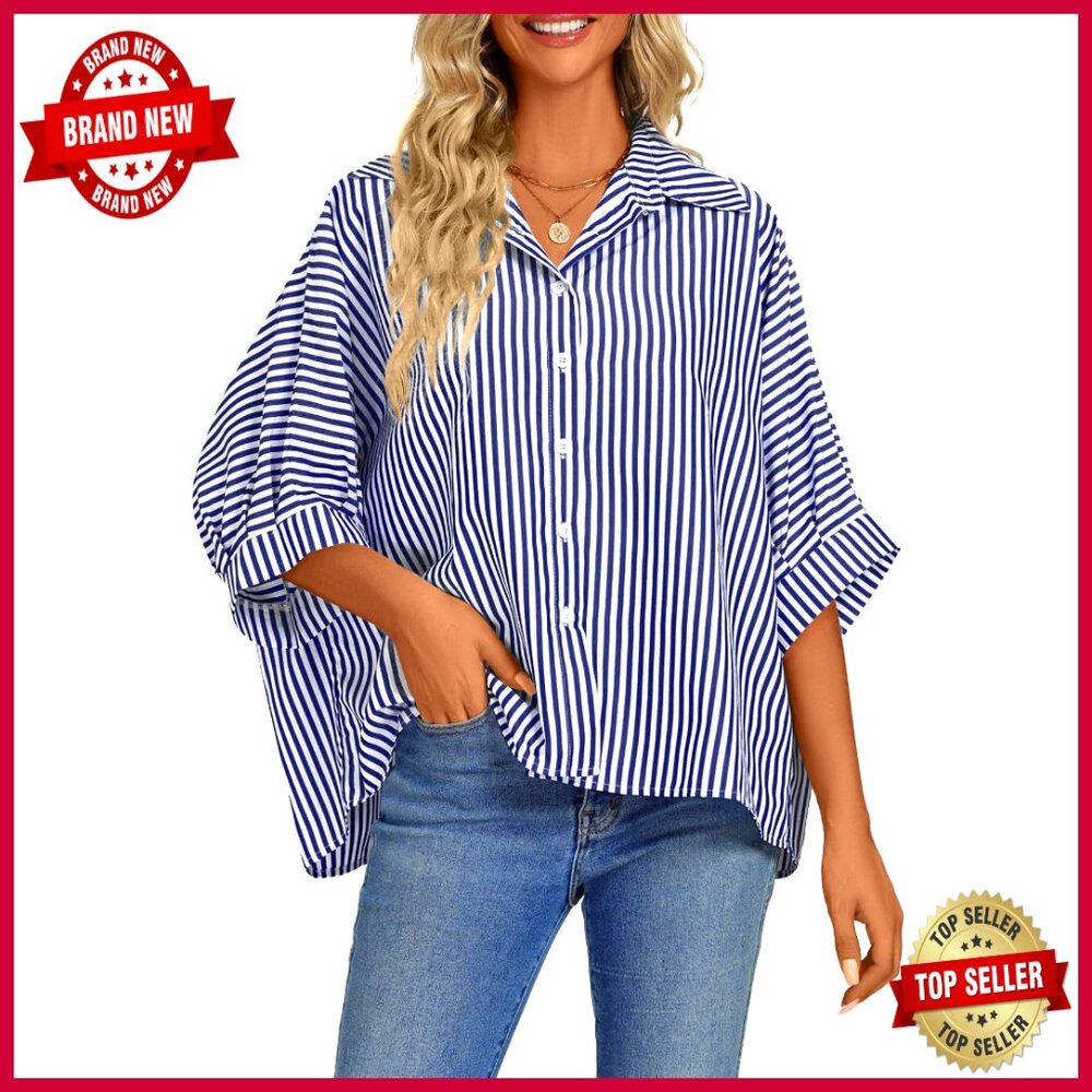 Striped Button Down Collar V Neck Half Sleeve Loose Blouse Shirt Top
